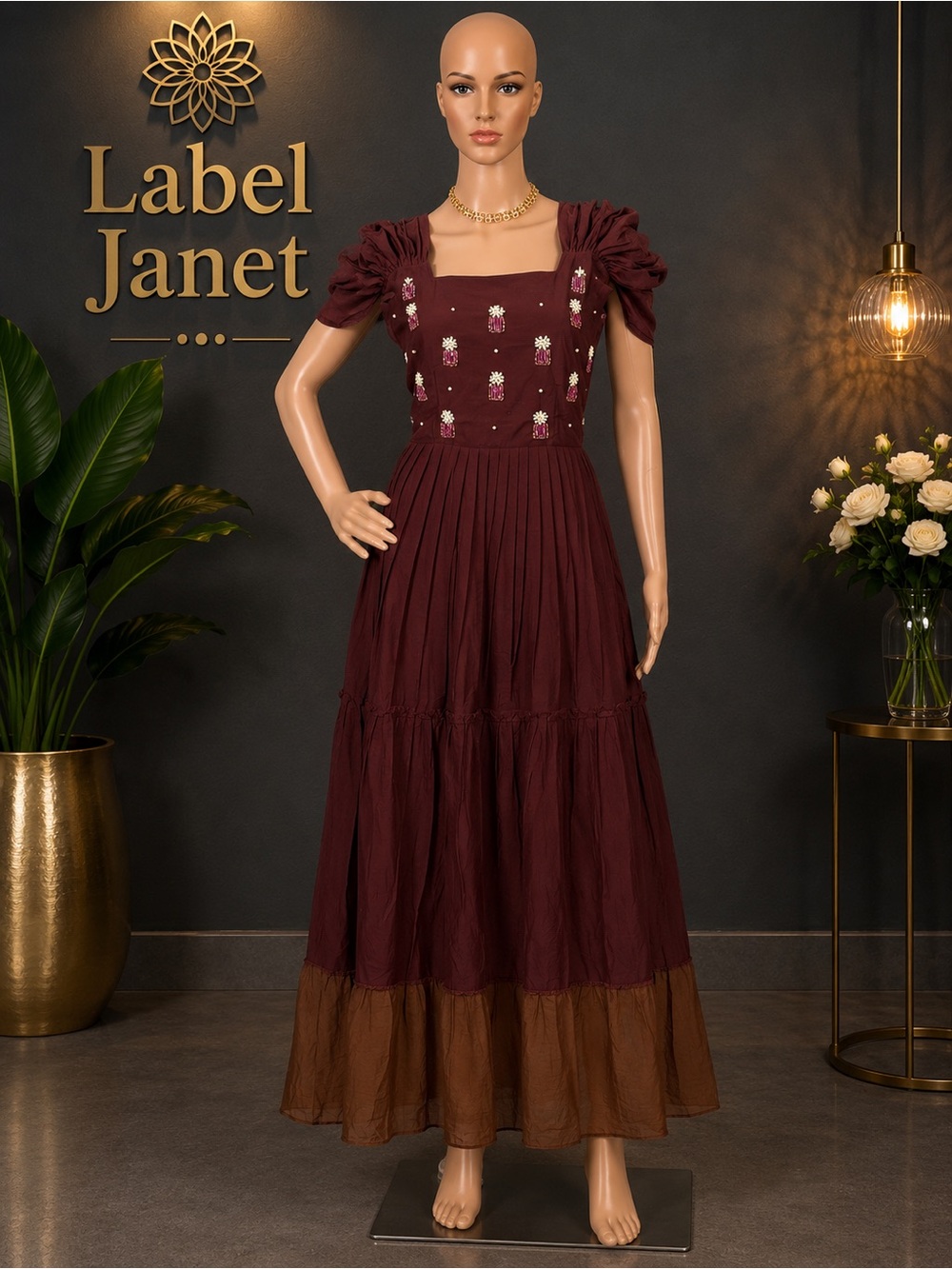 Brand New Brown Embroidered Tiered Maxi Dress,Bust - M up to L,L up to XL